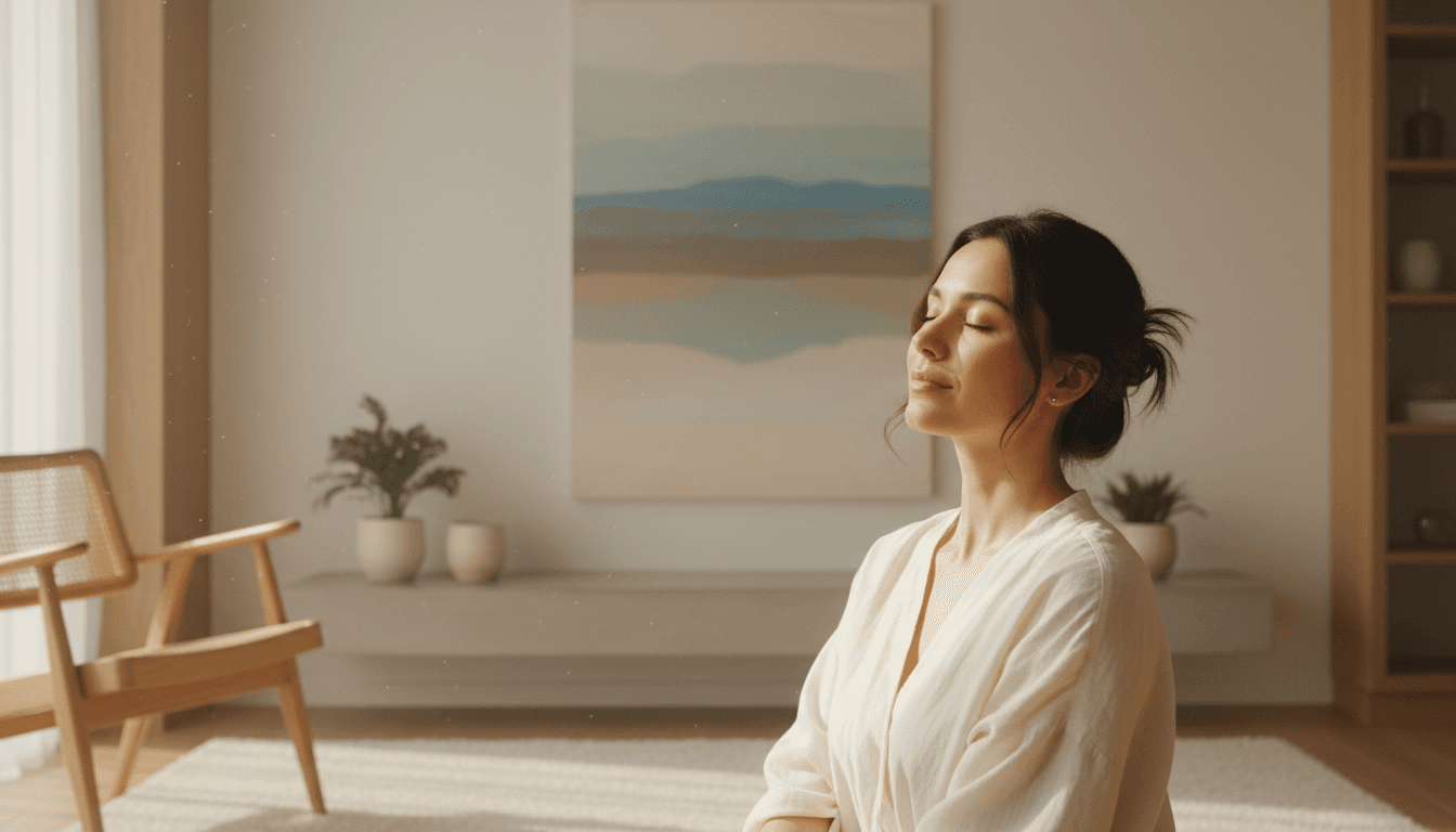 Serene woman with closed eyes in soft natural light, peaceful atmosphere