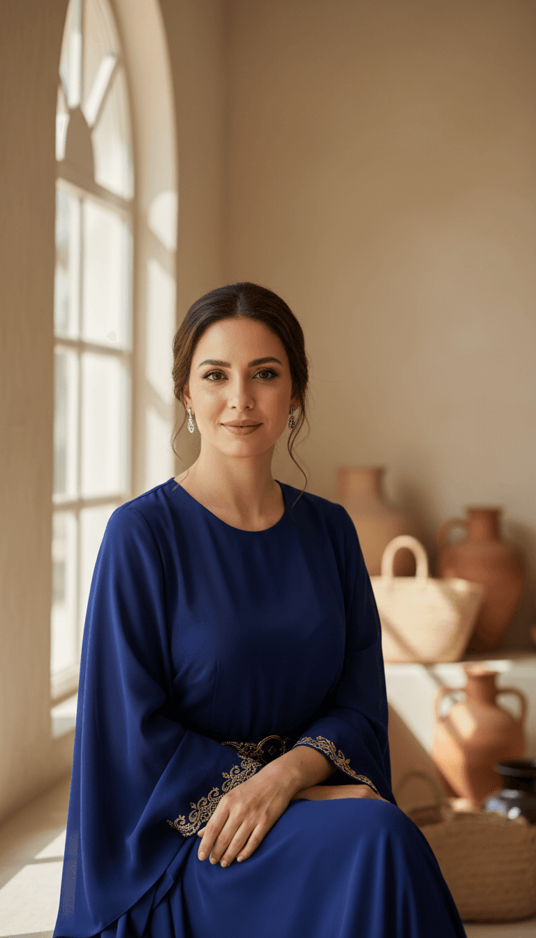 Tunisian woman in elegant attire seated calmly in warm natural light