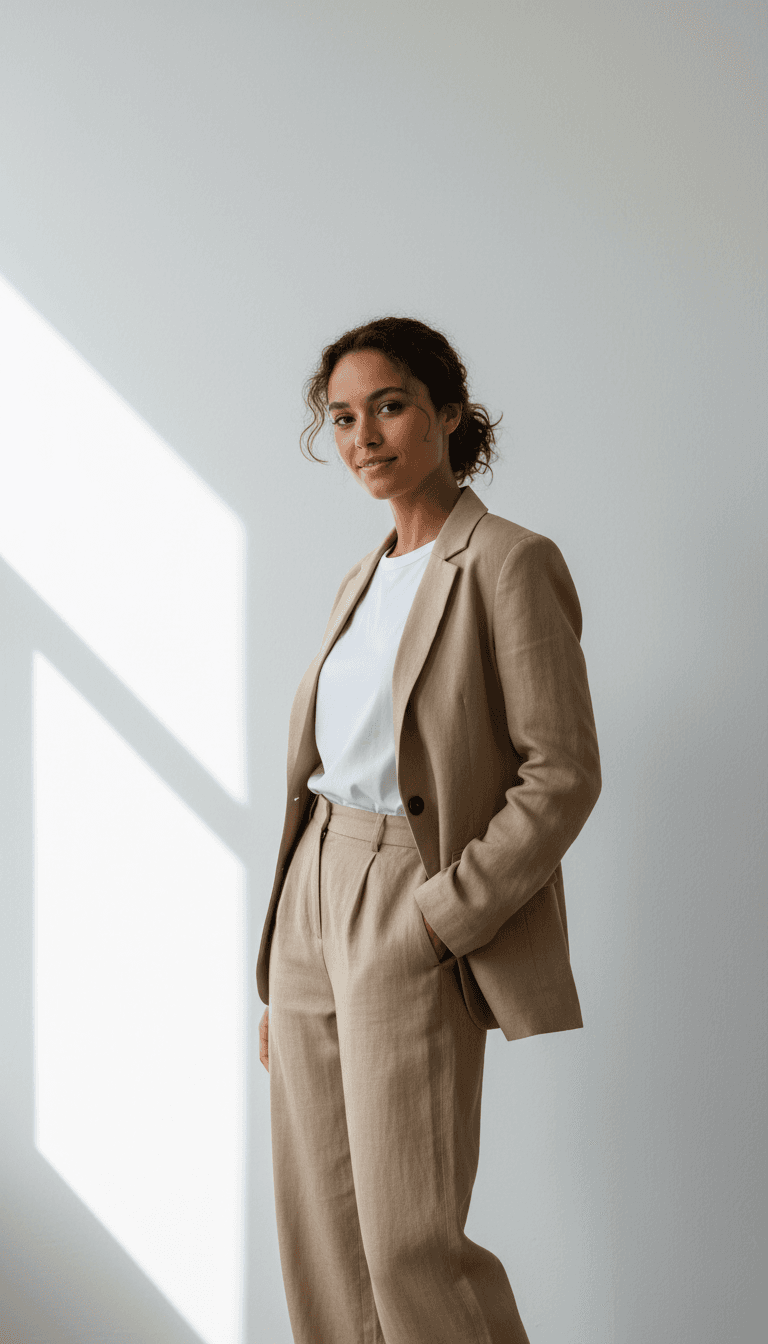 Portrait of a young Tunisian woman with dark hair pulled back, wearing a tailored black blazer, standing by a sunlit hotel window in a quiet editorial style, filmic grain, natural light.