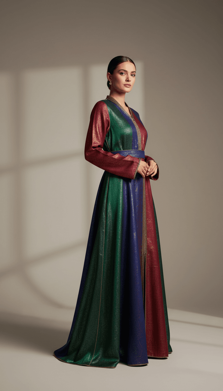 Close portrait of a poised Tunisian woman with gold hoop earrings and a cream silk shirt, looking slightly off-camera, soft studio light, muted background, fashion-editorial photography.