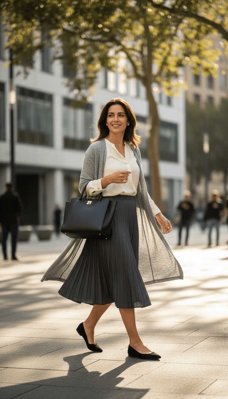 Full-length portrait of a confident Tunisian woman in a charcoal coat walking a rain-slick city street at dusk, cinematic lighting, shallow depth of field, documentary fashion feel.